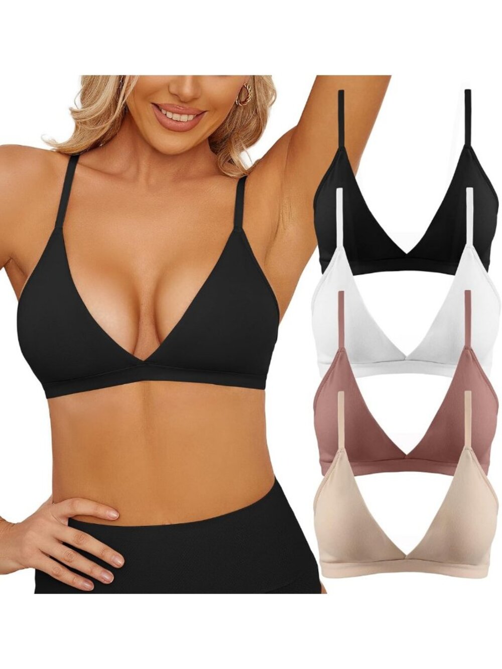 Deep V Neck Wireless Bralette for Women - Adjustable Straps, Removable Pads